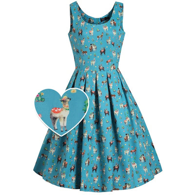 PRE ORDER Amanda Swing Dress in Turquoise Llama Print