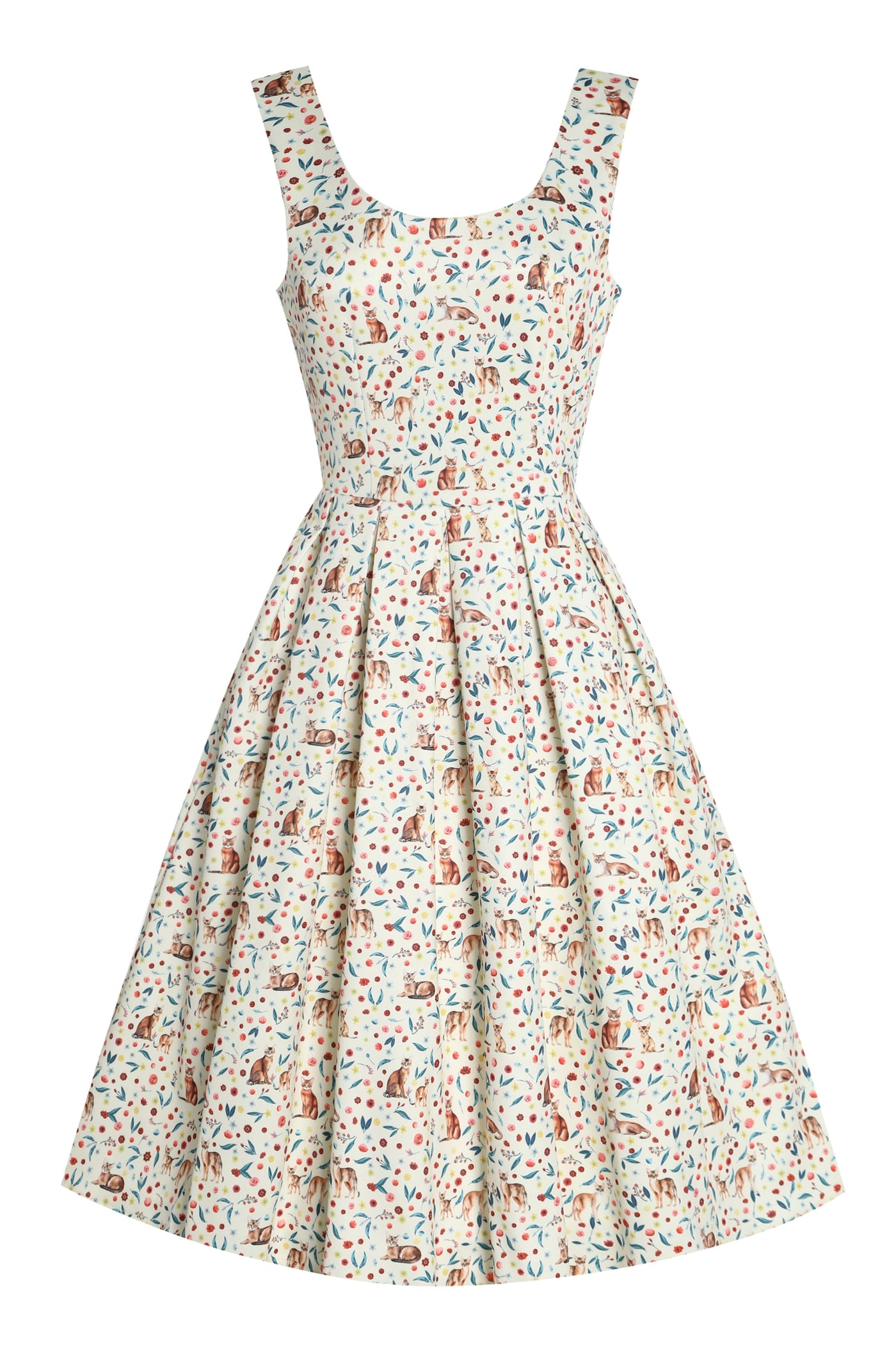 PRE ORDER Amanda White Floral & Cat Print Swing Dress