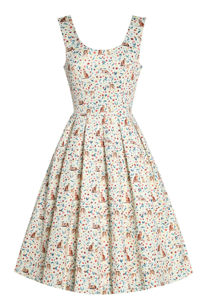 PRE ORDER Amanda White Floral & Cat Print Swing Dress