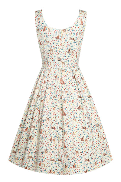 PRE ORDER Amanda White Floral & Cat Print Swing Dress