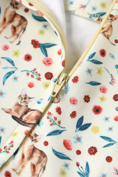 PRE ORDER Amanda White Floral & Cat Print Swing Dress