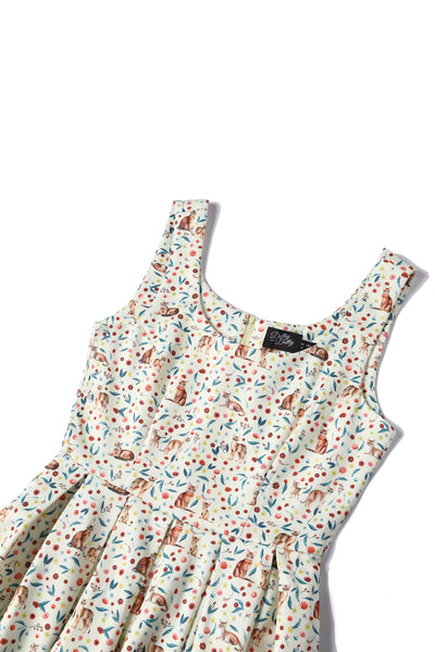 PRE ORDER Amanda White Floral & Cat Print Swing Dress