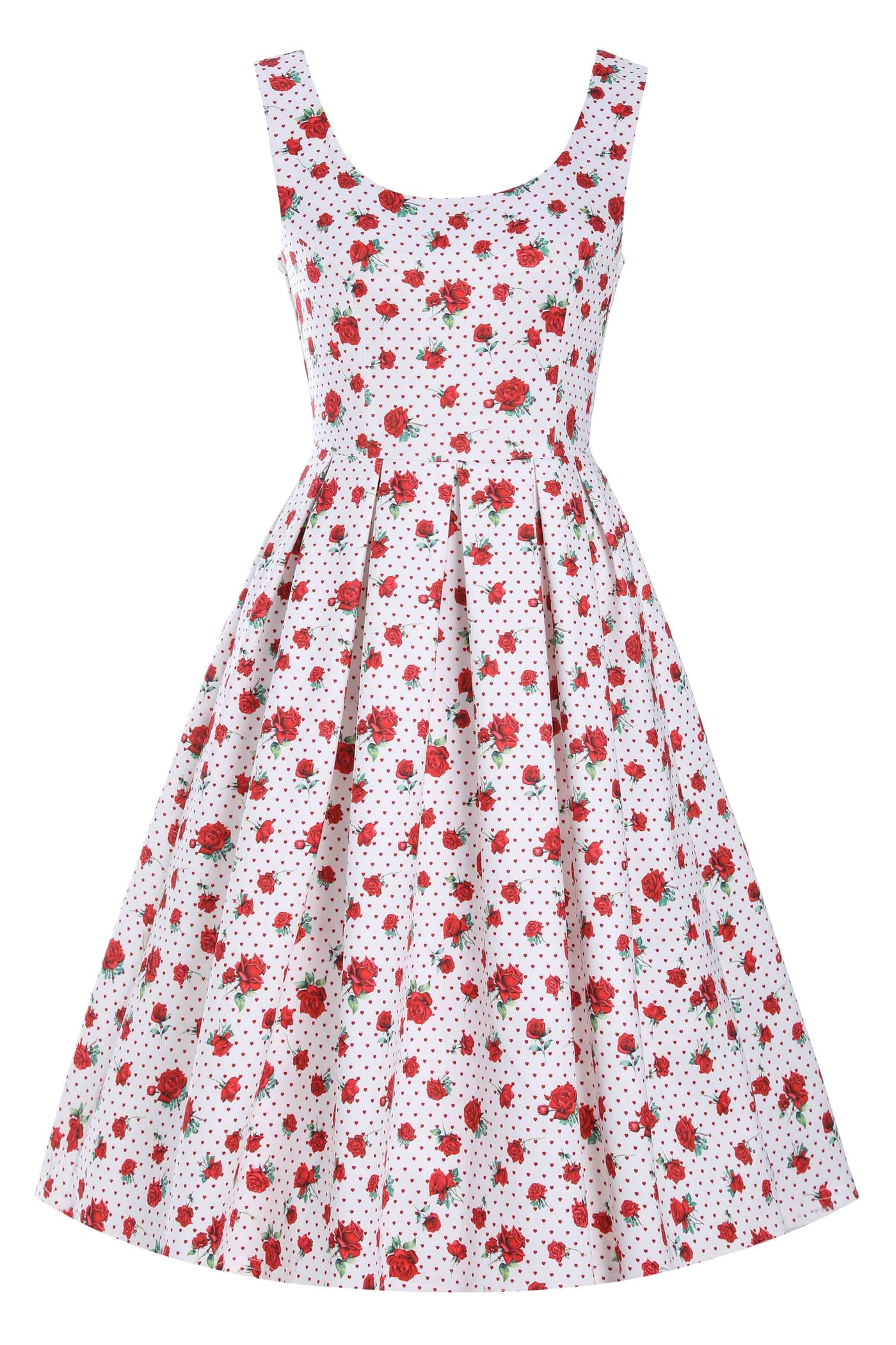 Amanda Cotton White Scoop Neck  Rose/Heart Print Swing Dress