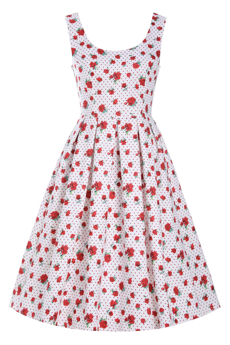 Amanda Cotton White Scoop Neck  Rose/Heart Print Swing Dress