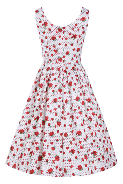 Amanda Cotton White Scoop Neck  Rose/Heart Print Swing Dress
