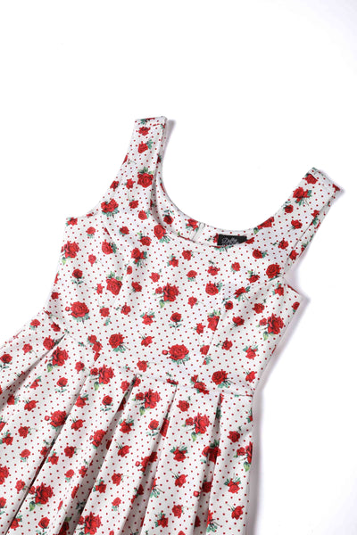 Amanda Cotton White Scoop Neck  Rose/Heart Print Swing Dress