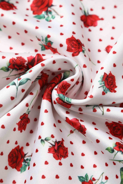 Amanda Cotton White Scoop Neck  Rose/Heart Print Swing Dress