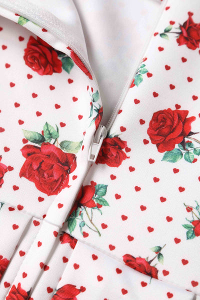 Amanda Cotton White Scoop Neck  Rose/Heart Print Swing Dress
