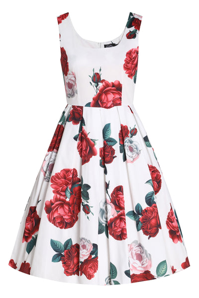 EU STOCK Amanda White Scoop Neck Pink/Red Peonies Print Swing Dress
