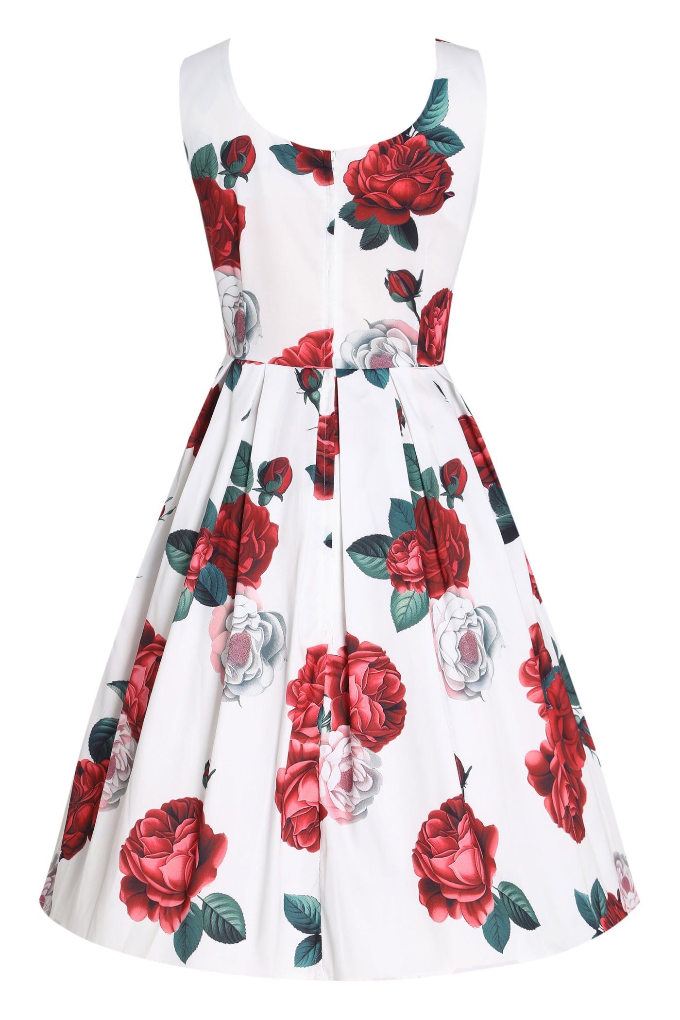 EU STOCK Amanda White Scoop Neck Pink/Red Peonies Print Swing Dress
