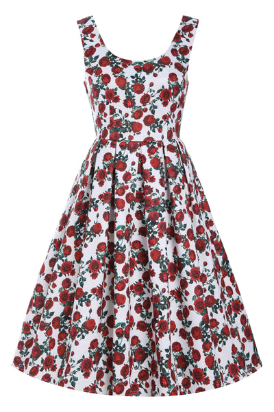 Amanda Cotton White Scoop Neck Red Rose Print Swing Dress