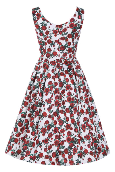 Amanda Cotton White Scoop Neck Red Rose Print Swing Dress