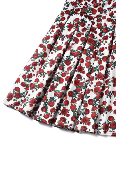 Amanda Cotton White Scoop Neck Red Rose Print Swing Dress