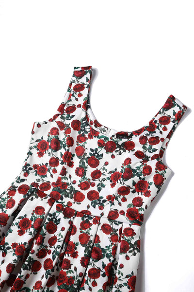 Amanda Cotton White Scoop Neck Red Rose Print Swing Dress
