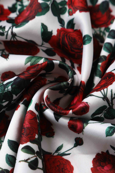 Amanda Cotton White Scoop Neck Red Rose Print Swing Dress