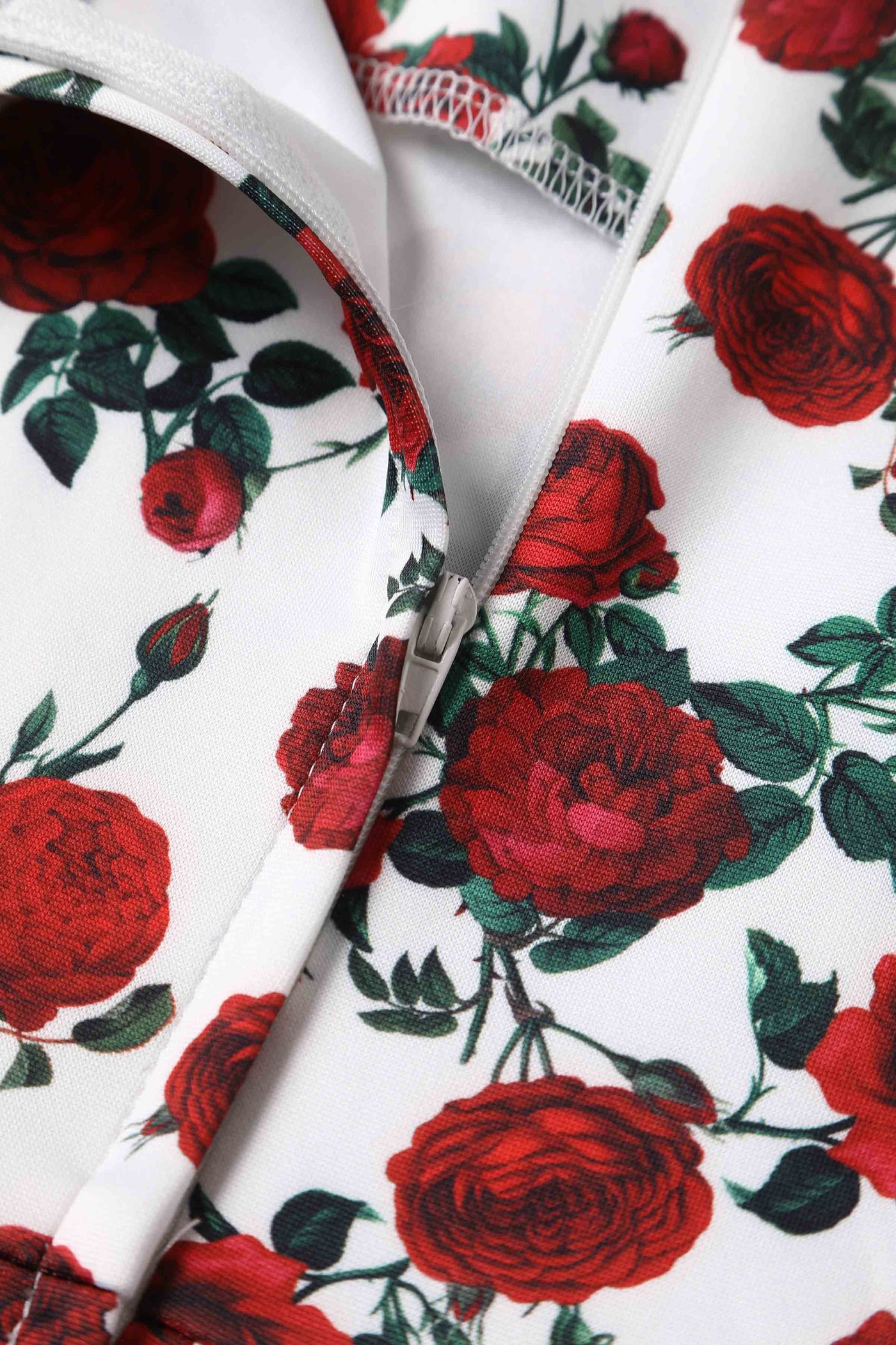 Amanda Cotton White Scoop Neck Red Rose Print Swing Dress
