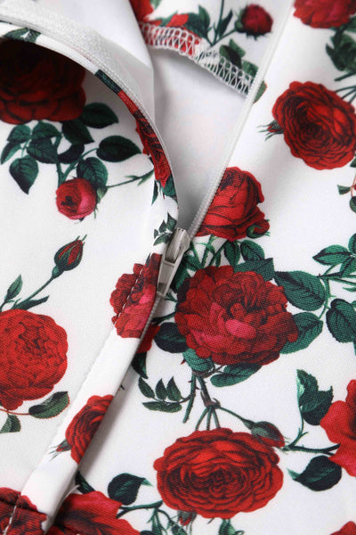 Amanda Cotton White Scoop Neck Red Rose Print Swing Dress