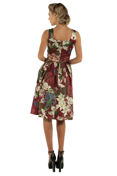 Amanda Cotton Burgundy Scoop Neck Botanical Print Dress