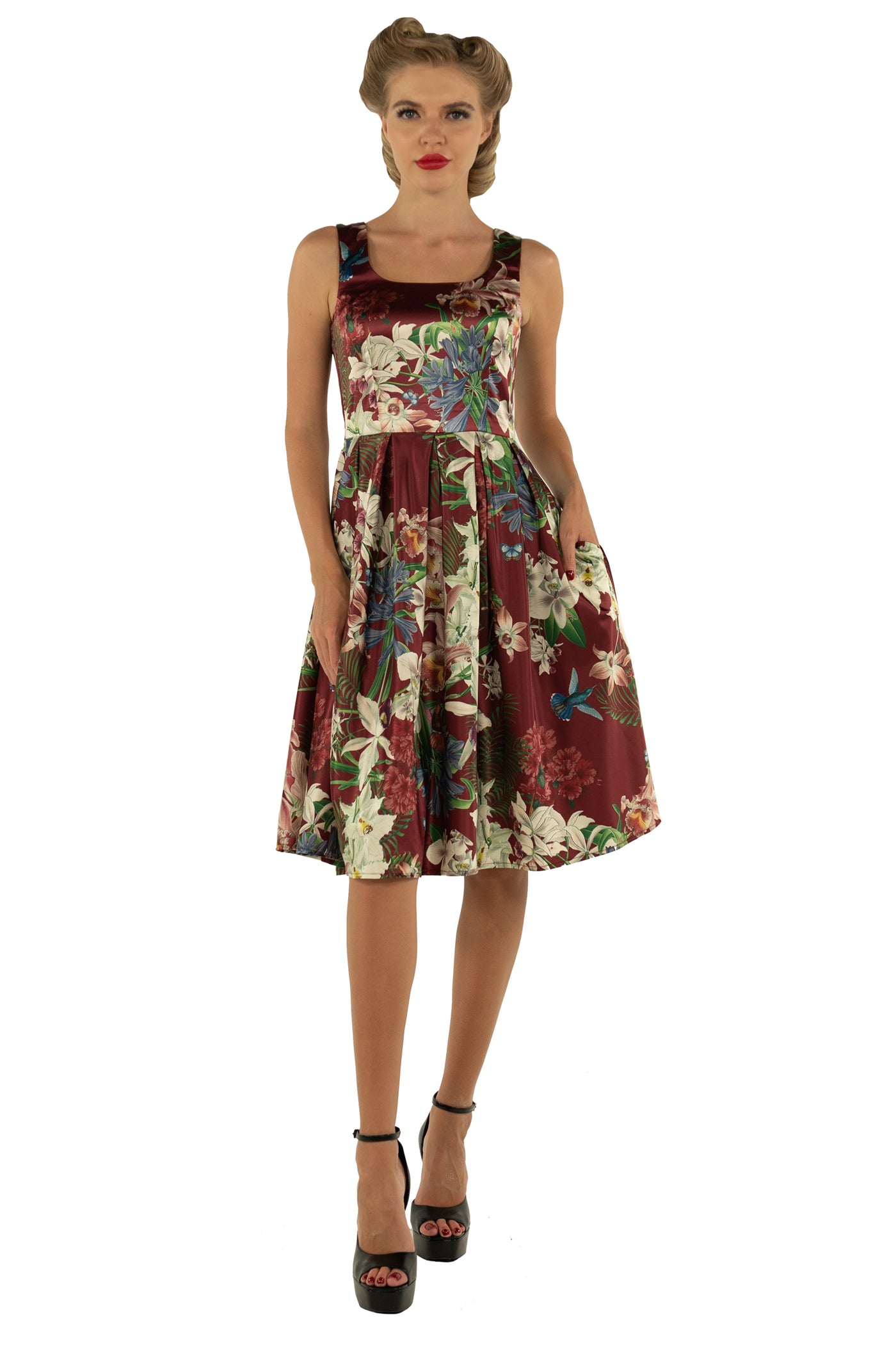 Amanda Cotton Burgundy Scoop Neck Botanical Print Dress