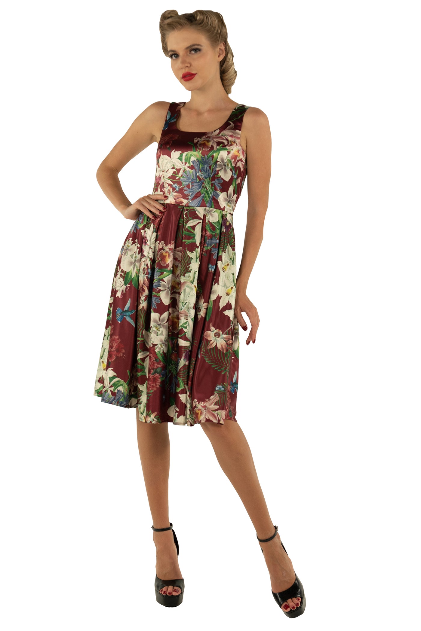Amanda Cotton Burgundy Scoop Neck Botanical Print Dress