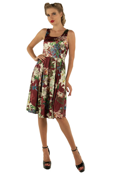 Amanda Cotton Burgundy Scoop Neck Botanical Print Dress