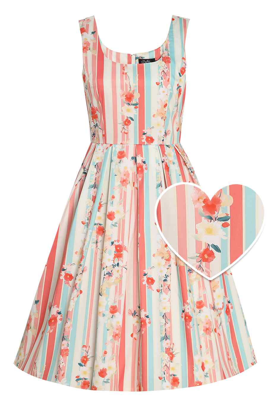 Amanda Pink Cotton Scoop Neck Blue Stripe/Floral Print Dress