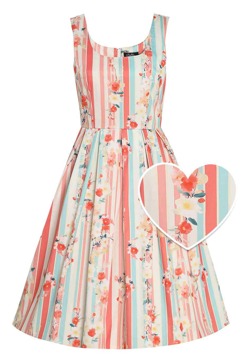 Amanda Pink Cotton Scoop Neck Blue Stripe/Floral Print Dress