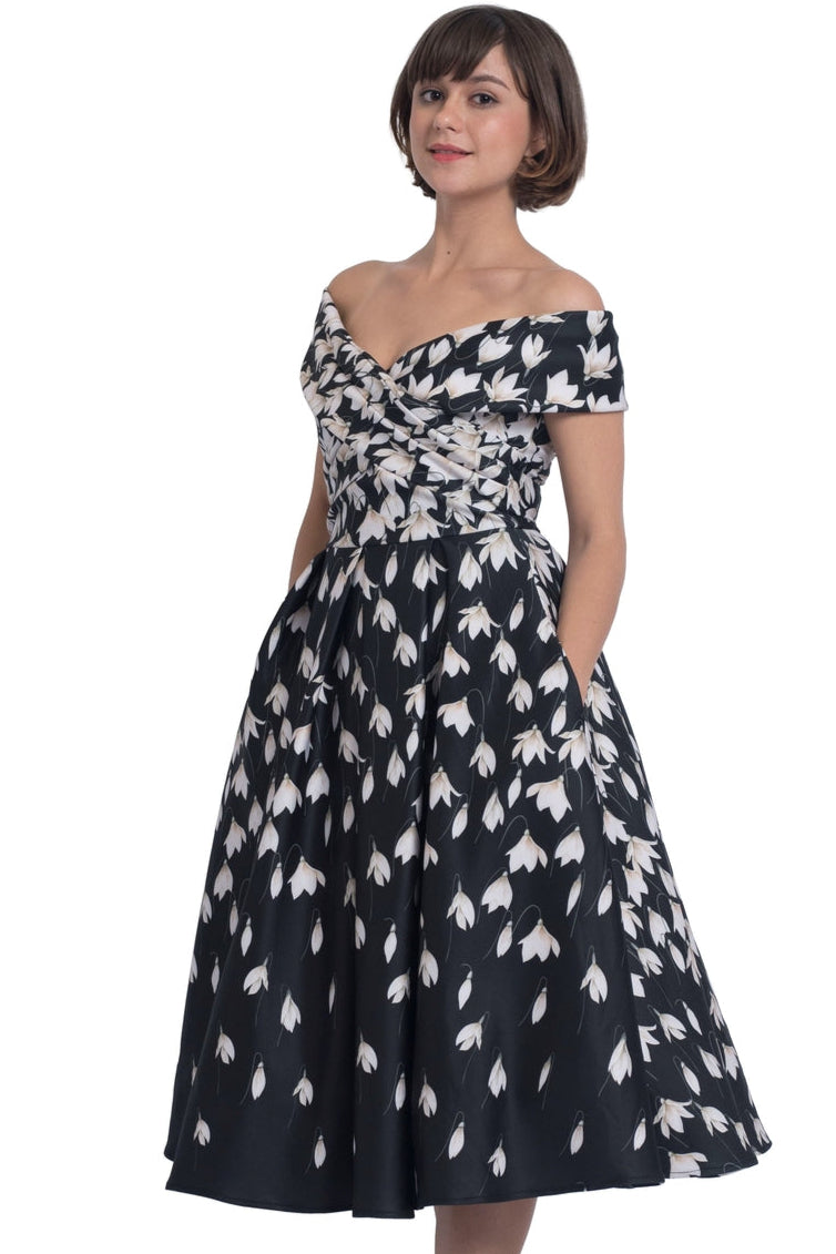 PRE ORDER Beverly Black Cross-Over-Off-Shoulder Snowdrop Midi Dress