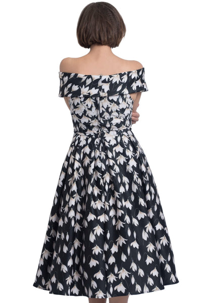 PRE ORDER Beverly Black Cross-Over-Off-Shoulder Snowdrop Midi Dress