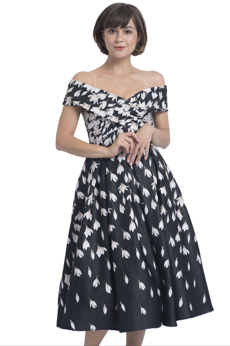 PRE ORDER Beverly Black Cross-Over-Off-Shoulder Snowdrop Midi Dress