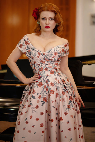 PRE ORDER Beverly Pink Cross Over Off-Shoulder Grey Falling Flower Print Midi Dress