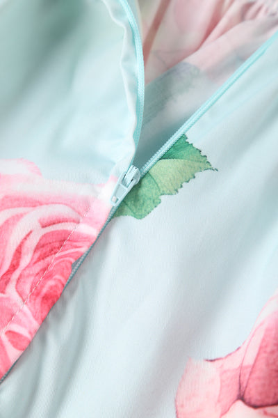 May V-neck Baby Blue 50's Style Floral Print Swing Dress