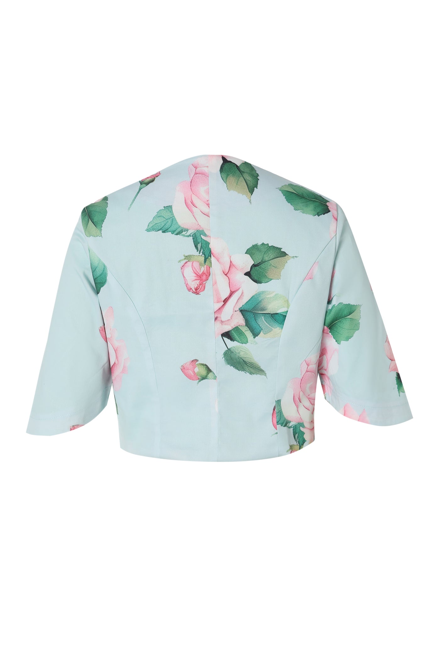 Lisette Baby Blue Three-Quarter Sleeve Pink Rose Print Bolero