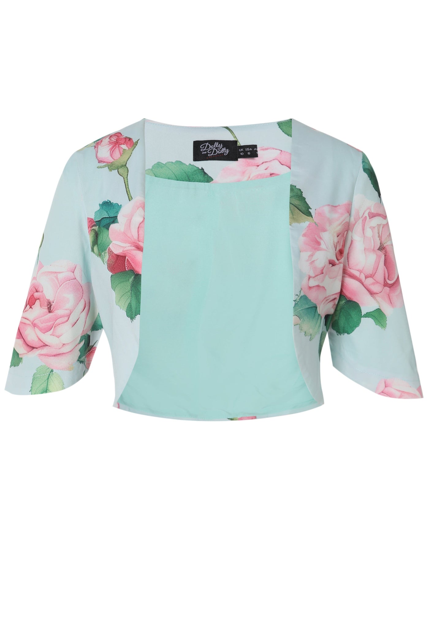 Lisette Baby Blue Three-Quarter Sleeve Pink Rose Print Bolero