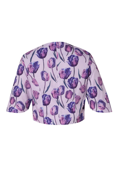 EU STOCK Lisette Purple Three-Quarter Sleeve Tulip Print Bolero