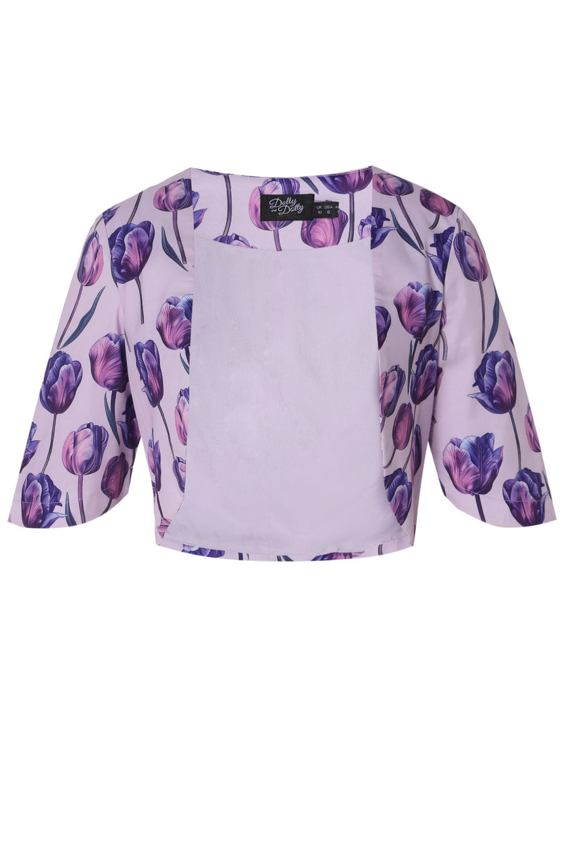 EU STOCK Lisette Purple Three-Quarter Sleeve Tulip Print Bolero