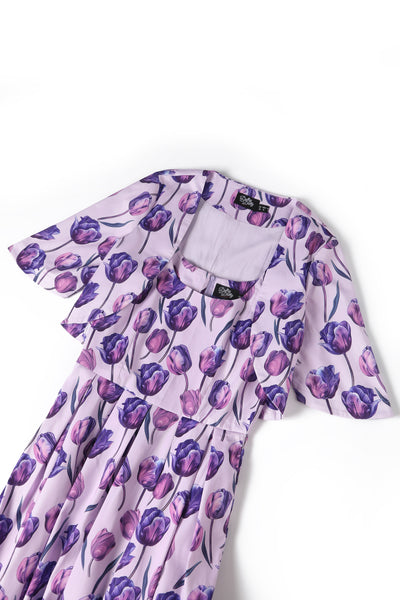 EU STOCK Lisette Purple Three-Quarter Sleeve Tulip Print Bolero