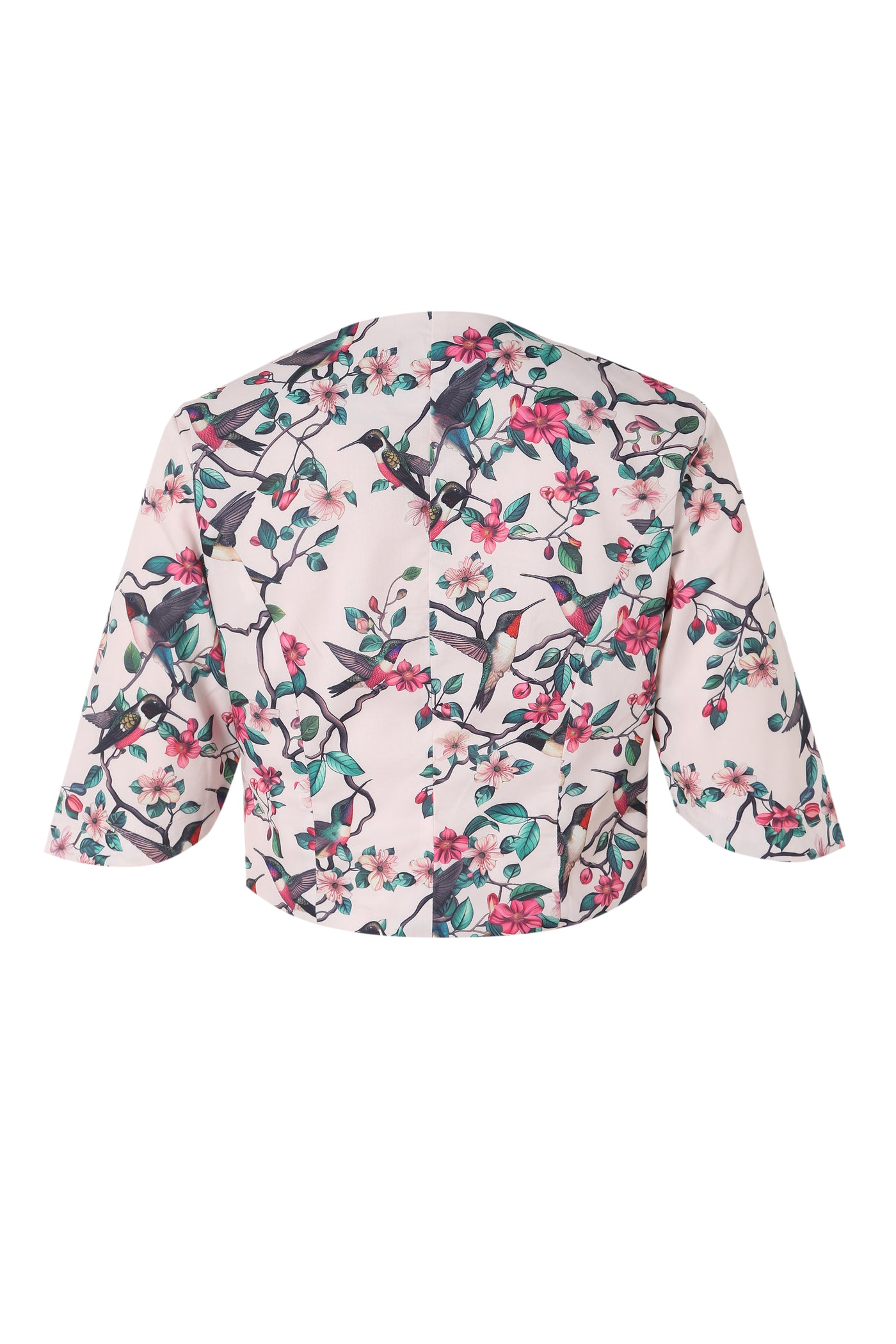 Lisette White Three-Quarter Sleeve Floral/Bird Print Bolero