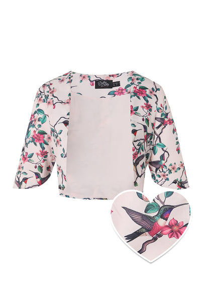 Lisette White Three-Quarter Sleeve Floral/Bird Print Bolero