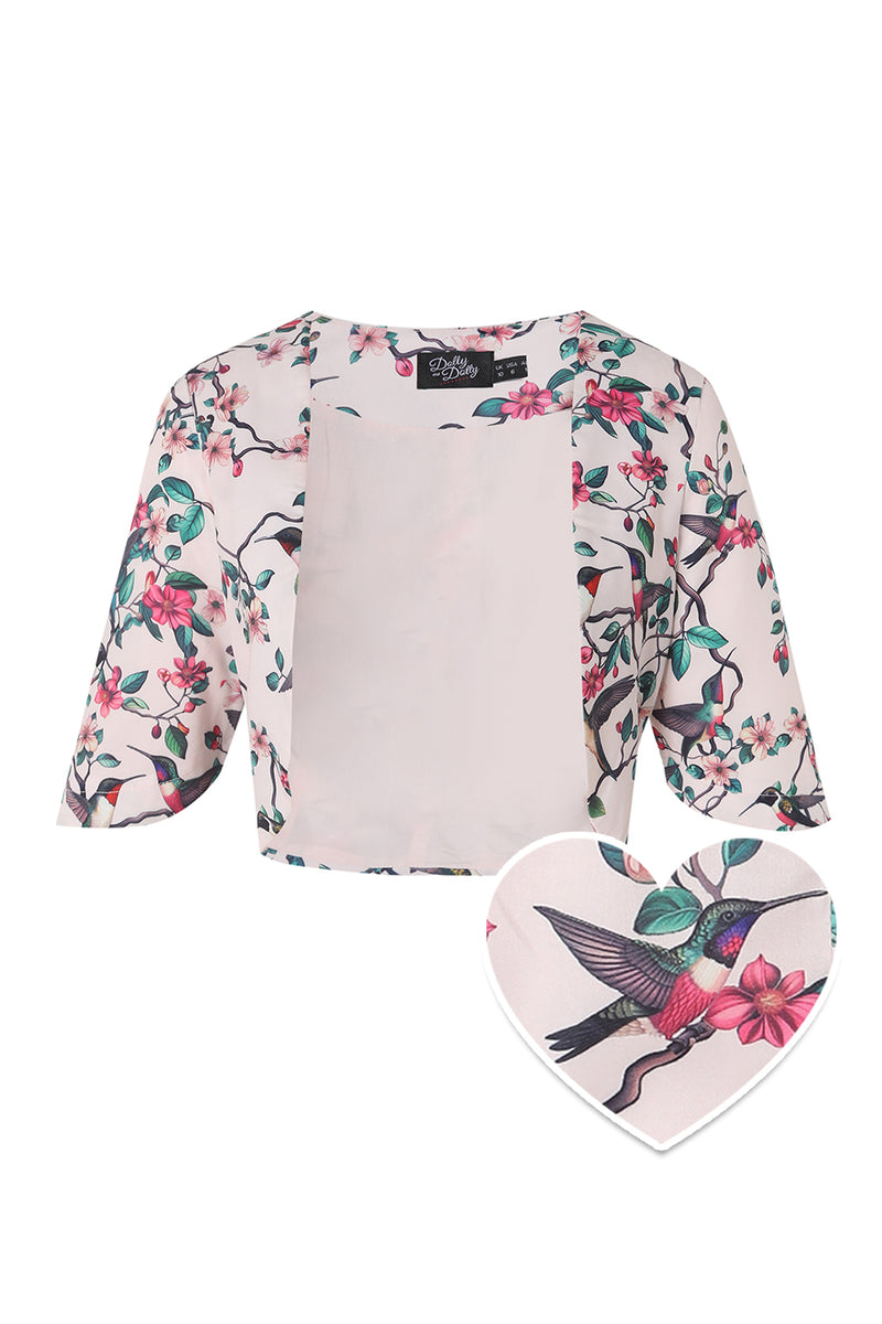 Lisette White Three-Quarter Sleeve Floral/Bird Print Bolero