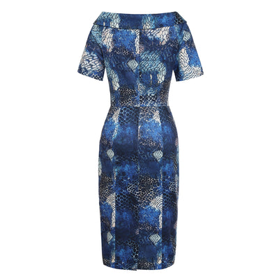 Valerie Fitted Off-the-Shoulder Vintage Dress in Blue Snake Skin Print