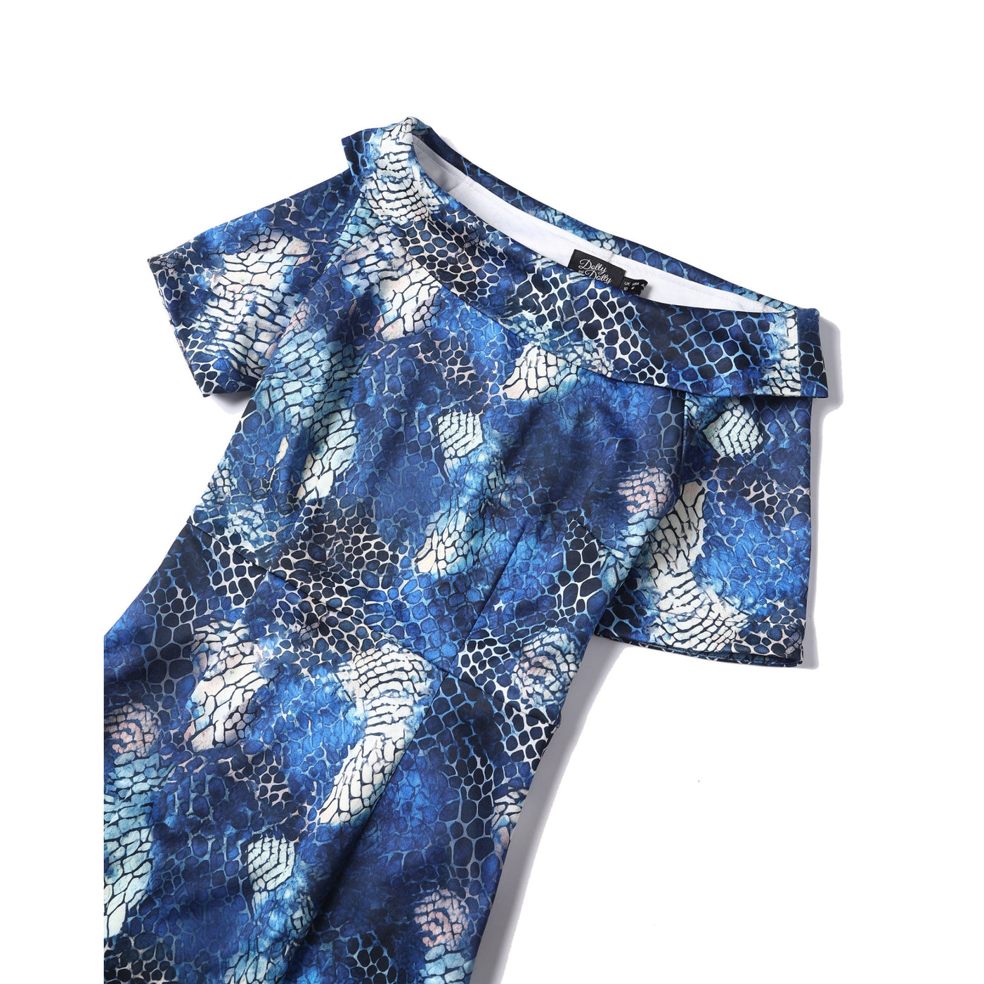 Valerie Fitted Off-the-Shoulder Vintage Dress in Blue Snake Skin Print