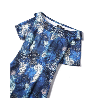 Valerie Fitted Off-the-Shoulder Vintage Dress in Blue Snake Skin Print