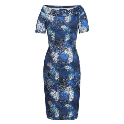 Valerie Fitted Off-the-Shoulder Vintage Dress in Blue Snake Skin Print