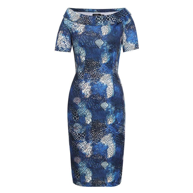 Valerie Fitted Off-the-Shoulder Vintage Dress in Blue Snake Skin Print