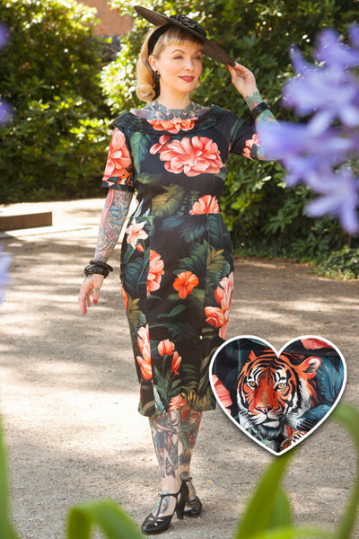 EU STOCK Valerie Fitted Off-the-Shoulder Vintage Dress in Black Forest Print