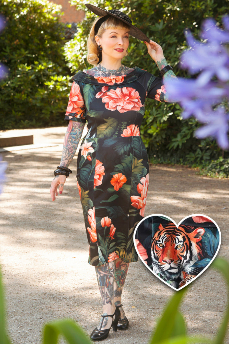 EU STOCK Valerie Fitted Off-the-Shoulder Vintage Dress in Black Forest Print