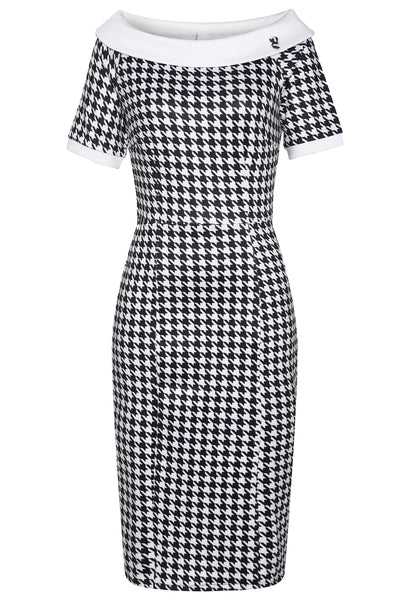 PRE-ORDER Valerie Fitted Off-the-Shoulder Vintage Dress in Dogtooth Print