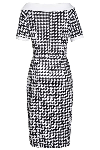 PRE-ORDER Valerie Fitted Off-the-Shoulder Vintage Dress in Dogtooth Print