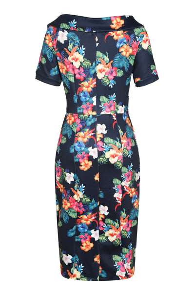 PRE-ORDER Valerie Fitted Off-the-Shoulder Vintage Dress in Black Hibiscus Print